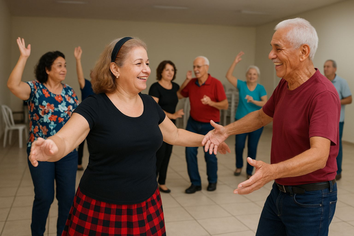 São ofertadas aulas de dança gratuitas e abertas à comunidade, com foco especial no público da melhor idade